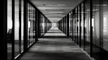 Side view of a dark hallway in a deserted office tower, open doors revealing dusty workspaces beyondの素材