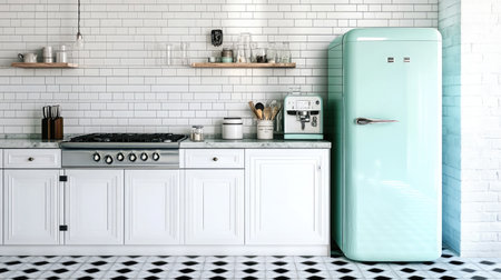 Wide shot of airy kitchen with pastel green retro fridge and clean tiled floor pattern in black and whiteの素材