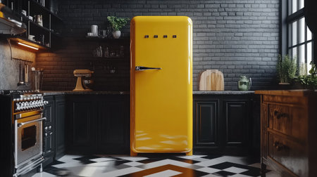 Vintage yellow refrigerator with chrome handles, centered in a modern kitchen with black-and-white checkerboard flooringの素材
