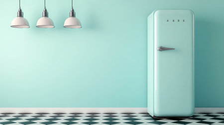 Side view of retro fridge next to tall cabinets, checkerboard flooring and pendant lights creating nostalgic feelの素材