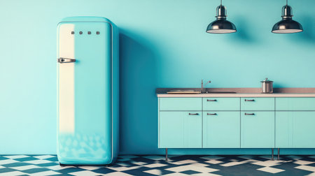 Side view of retro fridge next to tall cabinets, checkerboard flooring and pendant lights creating nostalgic feelの素材