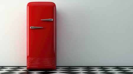 Perfect blend of old and new vintage refrigerator as focal point with checkerboard floor and clean linesの素材
