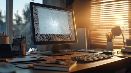 Office corner with cracked monitor still displaying error message amid dust-covered keyboard and phoneの素材