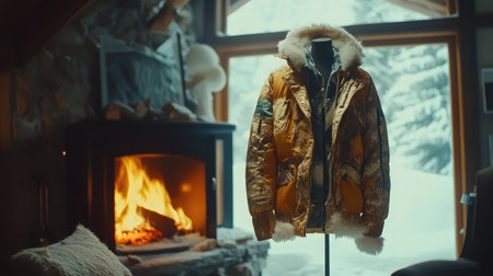 Snow suit displayed on a mannequin beside a roaring fireplace with snowy window in the backgroundの素材