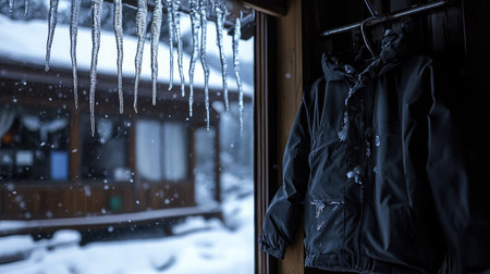 Sleek snow suit hanging from a hook in front of a cabin window with icicles framing the sceneの素材