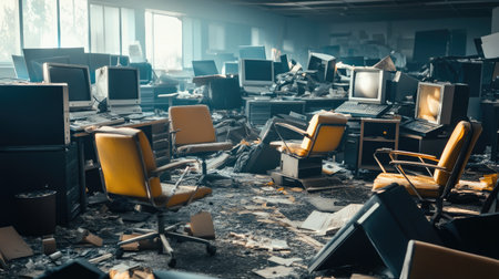 Tilted chairs and broken desktop computers in a poorly lit tech office buried in dust and clutterの素材