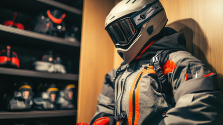 Snow suit with matching gloves and boots displayed in an open locker inside a ski resortの素材