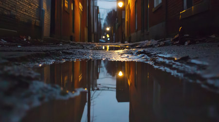 A flashlight reflecting off a puddle in a dark alley filled with urban decay and broken bricksの素材