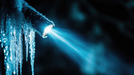 A beam from a flashlight reflecting off icicles in a dark frozen caveの素材