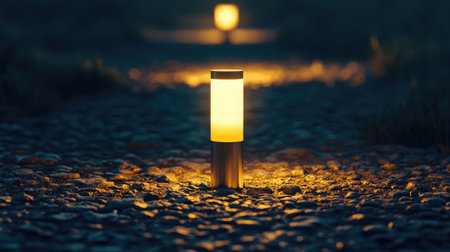 A modern LED torch glowing on a gravel path surrounded by darkness in an outdoor night settingの素材