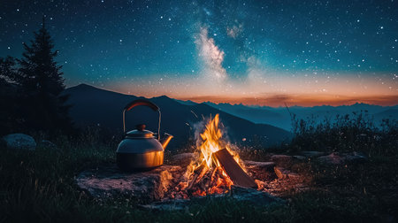A camping torch beside a kettle over a campfire under a dark sky filled with starsの素材
