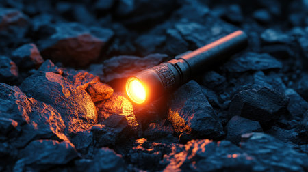 A torch on a rocky trail illuminating the rough terrain with focused brightness during duskの素材