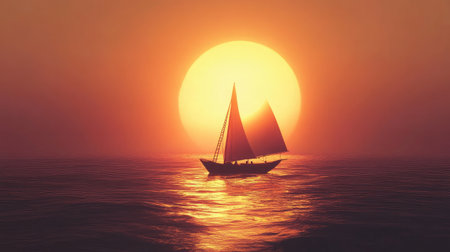 A single fishing boat silhouetted against the orange glow of the setting sun over the seaの素材