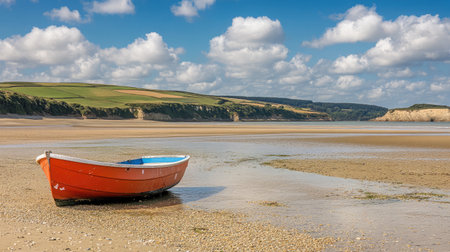 Brightly painted fishing boat resting on golden sand during low tide with hills in the backgroundの素材