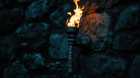 A traditional fire-lit torch mounted on a stone wall, flickering against an ancient dungeon backdropの素材