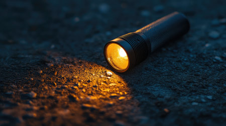 A modern LED torch glowing on a gravel path surrounded by darkness in an outdoor night settingの素材