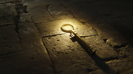 A small flashlight spotlighting a mysterious key on a stone floor in a dark corridorの素材