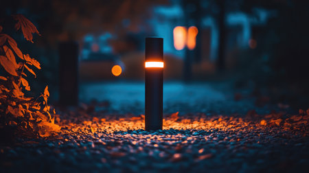 A modern LED torch glowing on a gravel path surrounded by darkness in an outdoor night settingの素材