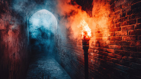 A fire torch lighting up a brick wall in a medieval-style corridor with dramatic light and shadowの素材