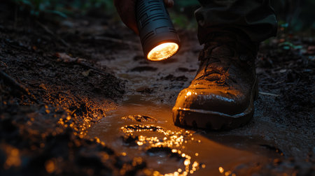 A tactical torch shining on footprints in wet mud along a forest pathの素材