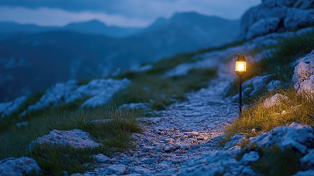 A torch on a rocky trail illuminating the rough terrain with focused brightness during duskの素材