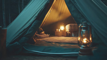 A torchlight glowing inside a dark tent, revealing camping gear and a cozy interiorの素材