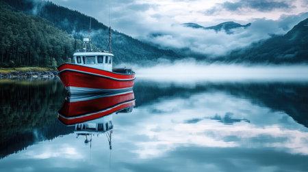 Fishing boat reflected perfectly in a still fjord under soft blue morning lightの素材