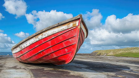 Old fishing boat leaning on its side at a dry dock with chipped paint and exposed woodの素材