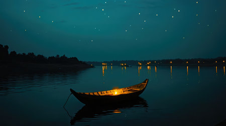 Evening view of fishing boat lights glowing on dark water with stars just beginning to appearの素材
