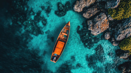 Fishing boat floating near a coral reef in crystal-clear tropical water with visible underwater rocksの素材