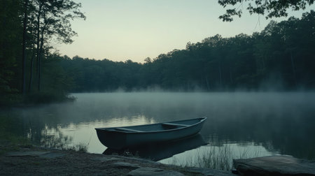 Rowboat-style fishing vessel resting on a lake at dawn with light mist hovering over the waterの素材