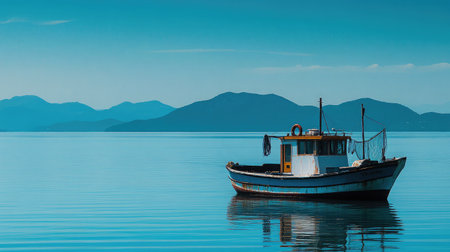 Fishing boat drifting in open water with fishing nets hanging and distant islands on the horizonの素材