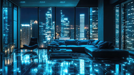 Interior of a modern glass lounge with reflective flooring and panoramic city lightsの素材