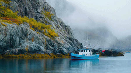 Small fishing boat floating in a misty harbor surrounded by rocky cliffs and morning fogの素材
