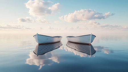 Twin fishing boats parked side by side on calm water with gentle ripples and cloud reflectionsの素材