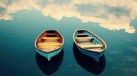 Twin fishing boats parked side by side on calm water with gentle ripples and cloud reflectionsの素材