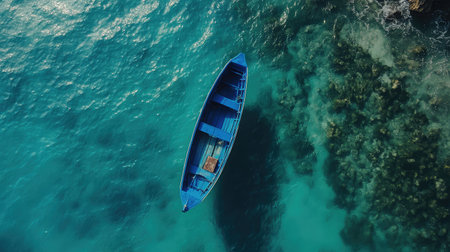 Vibrant blue fishing boat sitting alone on turquoise water near a tropical coastlineの素材