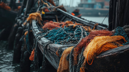 Traditional fishing boat tied to a rustic dock with nets and ropes draped over the sideの素材