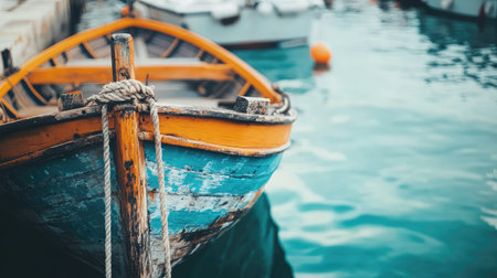 Wooden fishing boat with faded paint tied to a piling in a coastal village harborの素材