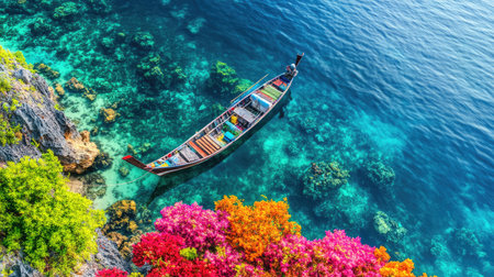 High-angle view of a fishing boat in a coral reef area with colorful underwater hints visibleの素材