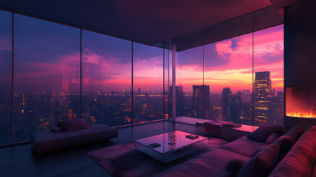 Urban penthouse glass room with a panoramic view of downtown at duskの素材