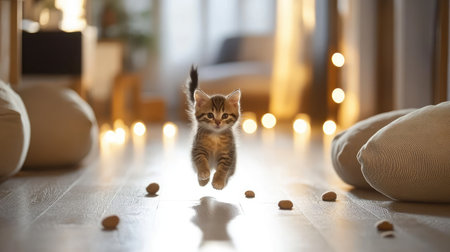A kitten sprints through a hallway lined with scattered cushions and warm ambient light, tail high in the airの素材