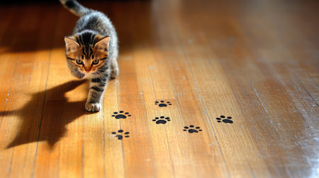A striped kitten skids around a corner on a polished wooden floor, leaving a trail of tiny paw printsの素材