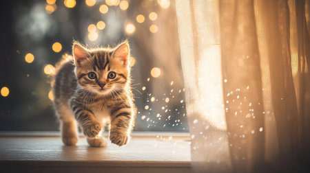 A kitten runs along a windowsill, brushing past long curtains and catching golden lightの素材