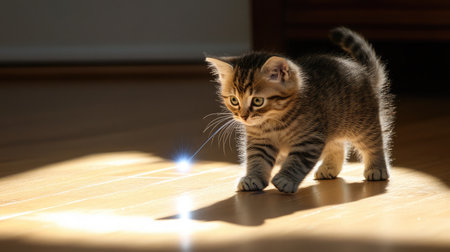 A curious kitten chases a laser pointer dot across a laminate floor in a bright, cheerful roomの素材