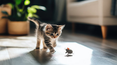 A playful kitten darts across a sunlit wooden floor, chasing a toy mouse near cozy furniture and indoor plantsの素材