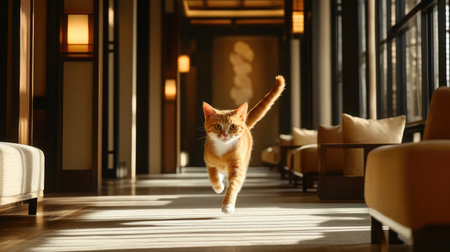 A kitten sprints through a hallway lined with scattered cushions and warm ambient light, tail high in the airの素材
