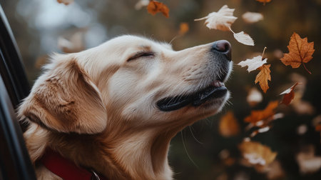 A dog with a red collar leans out the car window, sniffing autumn leaves flying byの素材