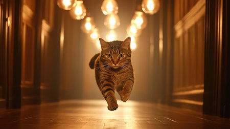 A tabby cat races across a long hallway lit by hanging Edison bulbs and natural lightの素材