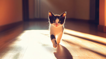 A black and white kitten sprints along a hallway filled with sunlight and soft shadowsの素材